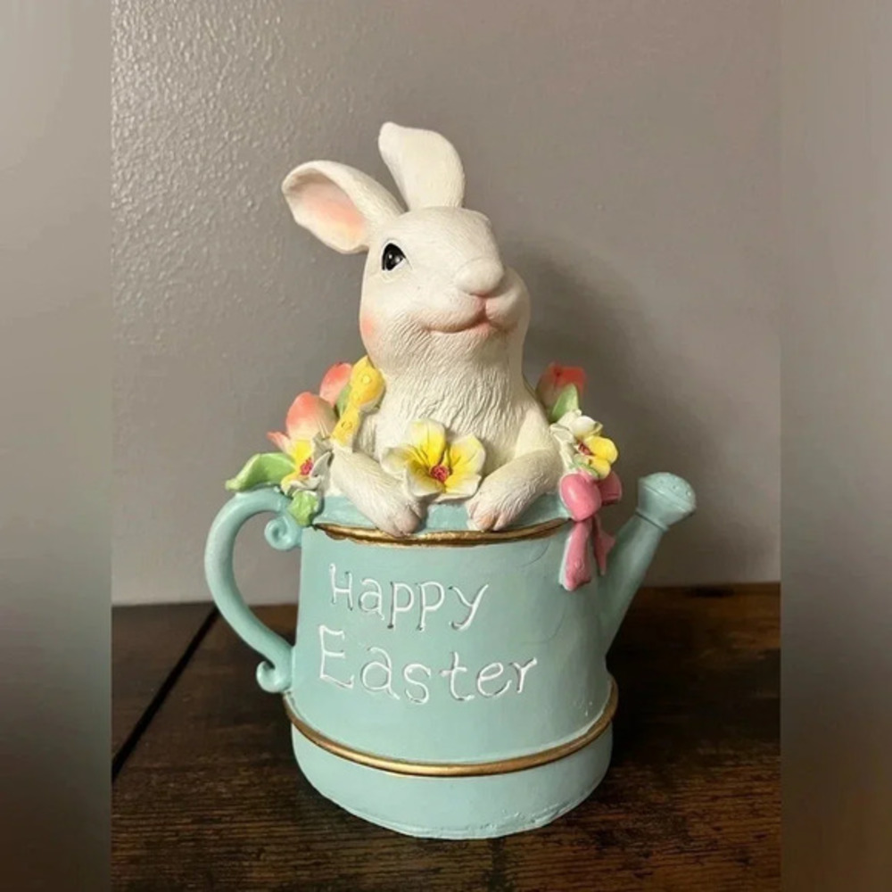 Bunny Rabbit in Watering Can Figurine Easter Spring Pastel Decor NWT